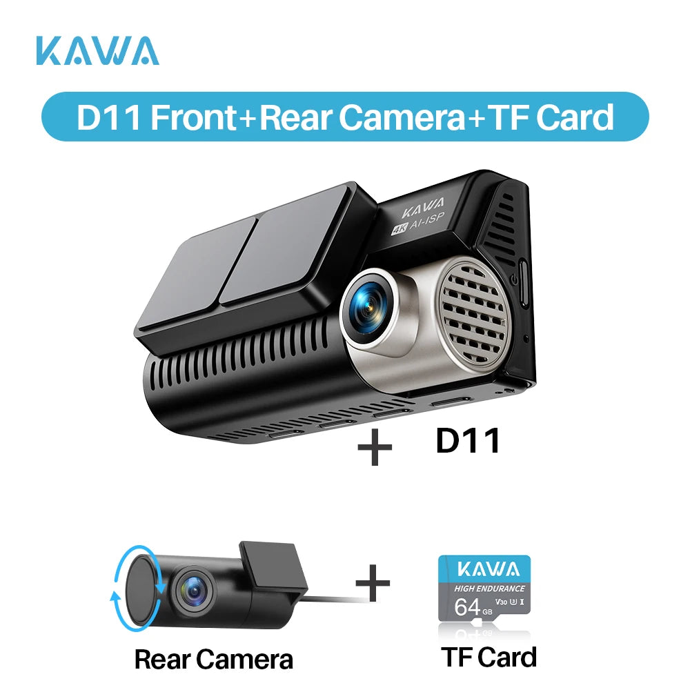 4K Dash Cam Front and Rear KAWA D11 WiFi Camera Car DVR GPS Video Recorder AI-ISP Color Night Vision Motion Detect Auto Dashcam Car Mobile World