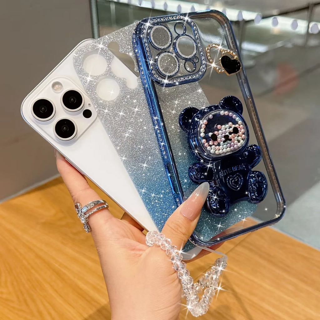 Colorful bead bear stand shiny cardstock electroplated soft case suitable for iPhone17 16 14 15 13 12 11 phone cases bead chain