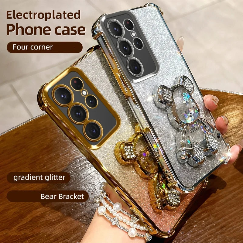 S26 Shockproof Holder Case for Samsung Galaxy S25 Ultra S22 S21 S24 FE S23 Plus Glitter Bear Bracket Stand Luxury Plating Cover