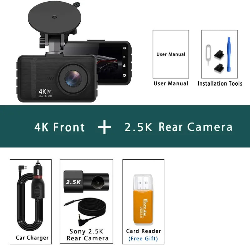 4K 2160P Ultra HD Dash Cam Night Vision With Back 2.5K 1440P Rear Car Video Camera WiFi GPS Logger G-Sensor Loop Recording