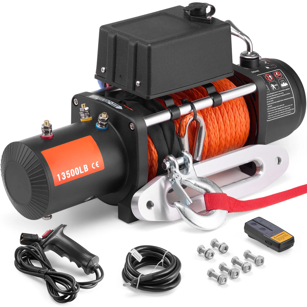SucceBuy 13500lbs Electric Winch with 3/8in 80ft Synthetic Rope Wireless Truck Winch IP55 Waterproof for Towing Road SUV Jeep CM World