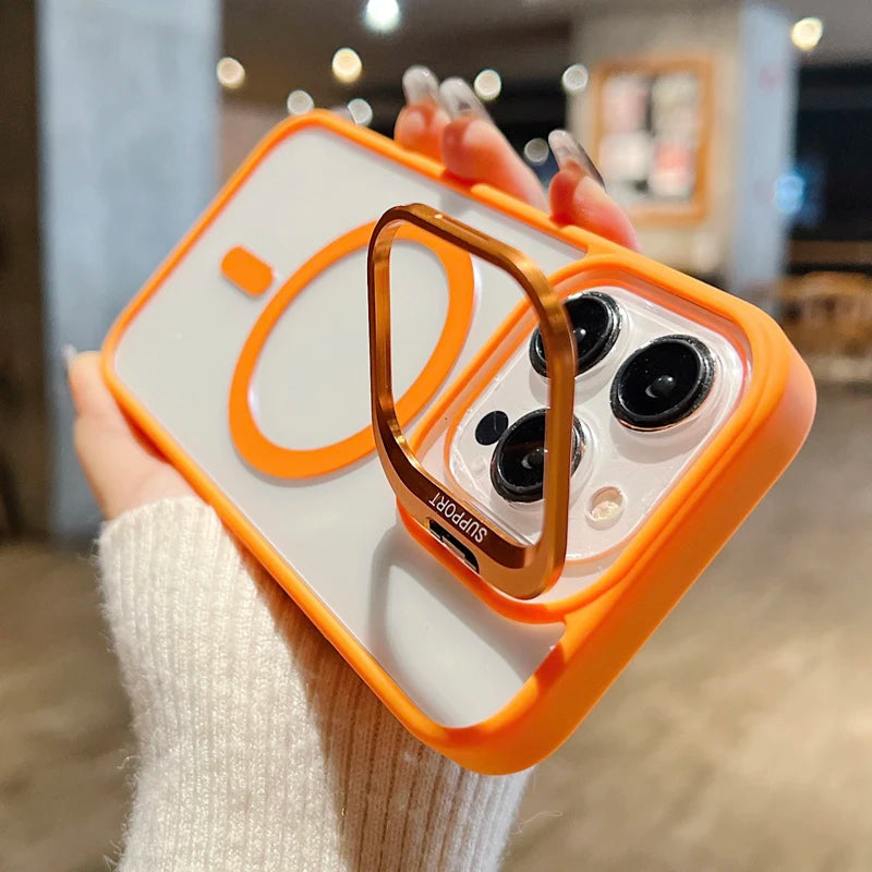 For Magsafe Stand Glass Lens Protector Case For iPhone17 16 15 14 13 11 12 Pro Max 16 Plus Luxury Magnetic Shockproof Back Cover Car Mobile World