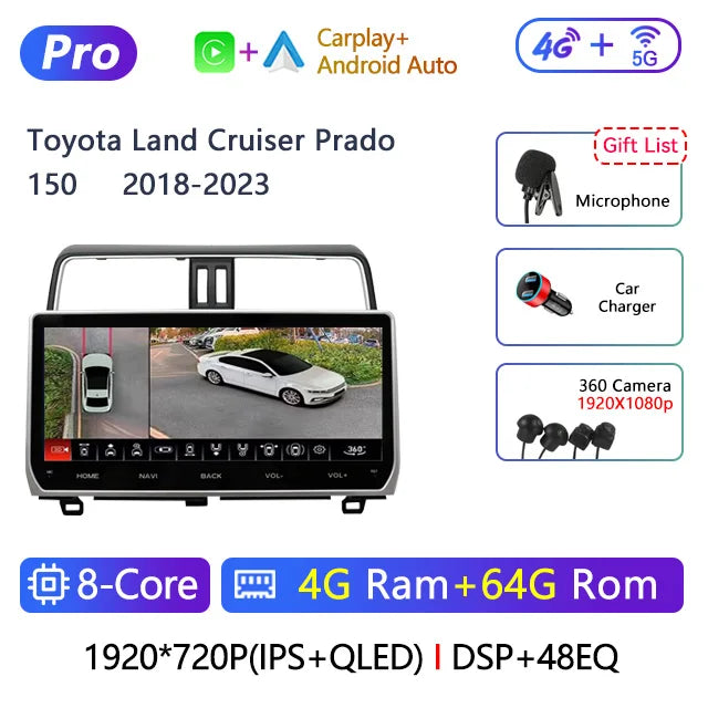12.3" 2 Din Android Car Radio Multimedia DVD Player For Toyota Land Cruiser Prado 150 2018-2023 Navigation GPS Carplay Head Unit CM World