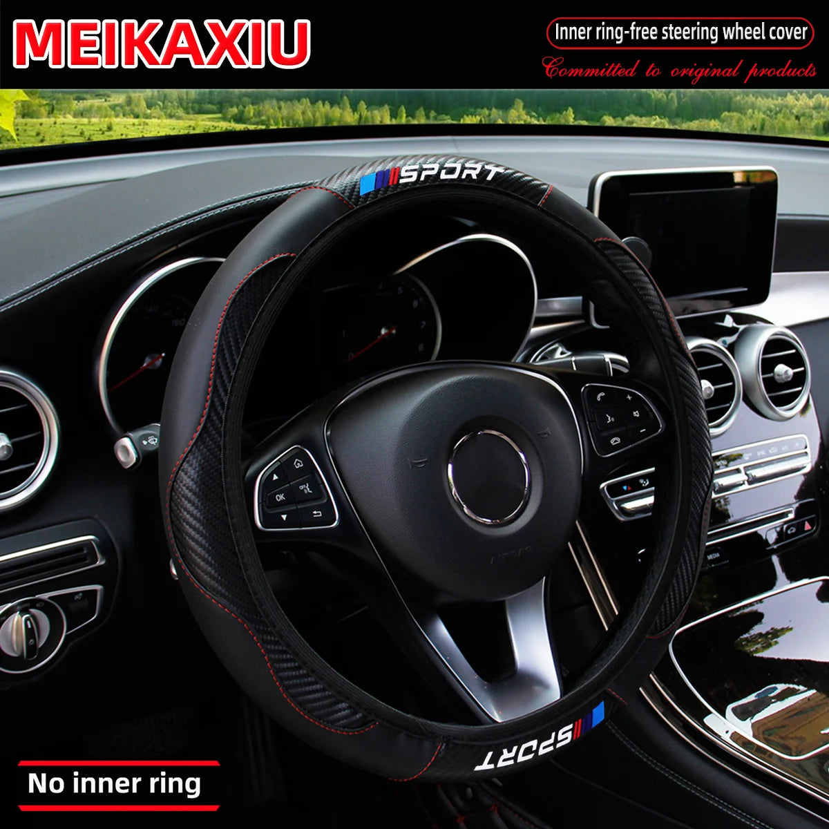 Carbon fiber leather SPORT car rimless steering wheel cover is suitable for 14.5 - 15-inch steering wheels as decoration items. CM World