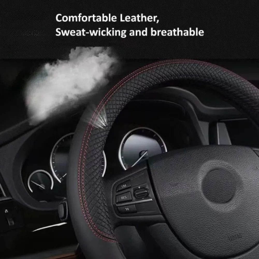 38cm Steering Wheel Cover PU Leather Anti Slip Steer Wheel Protector Breathable Fiber Braid Universal Steering Cover 1pc CM World