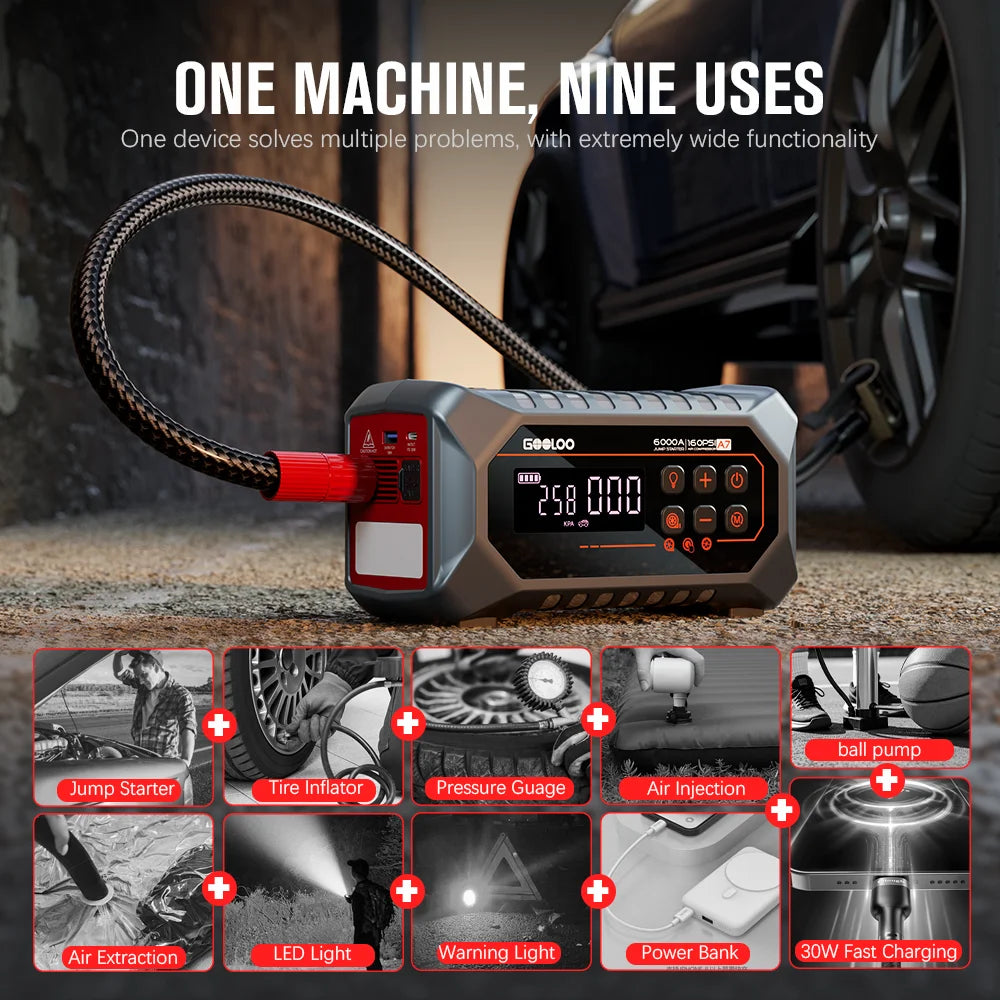 GOOLOO A7 Car Jump Starter with Air Compressor, 6000A & 160PSI Emergency Starter, 12V Supersafe Battery Booster with Tire Inflator & Pump (Inflate/Deflate) for All Gas & Up to 10.0L Diesel Engines