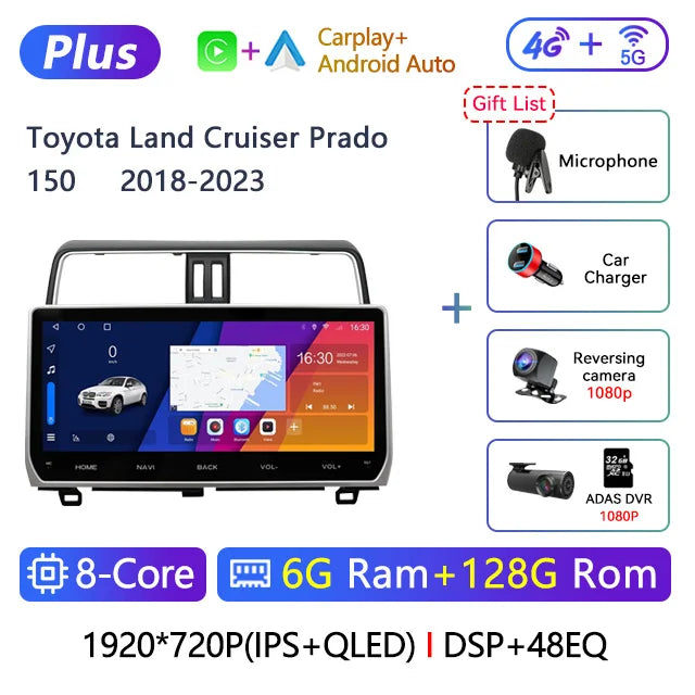 12.3" 2 Din Android Car Radio Multimedia DVD Player For Toyota Land Cruiser Prado 150 2018-2023 Navigation GPS Carplay Head Unit CM World