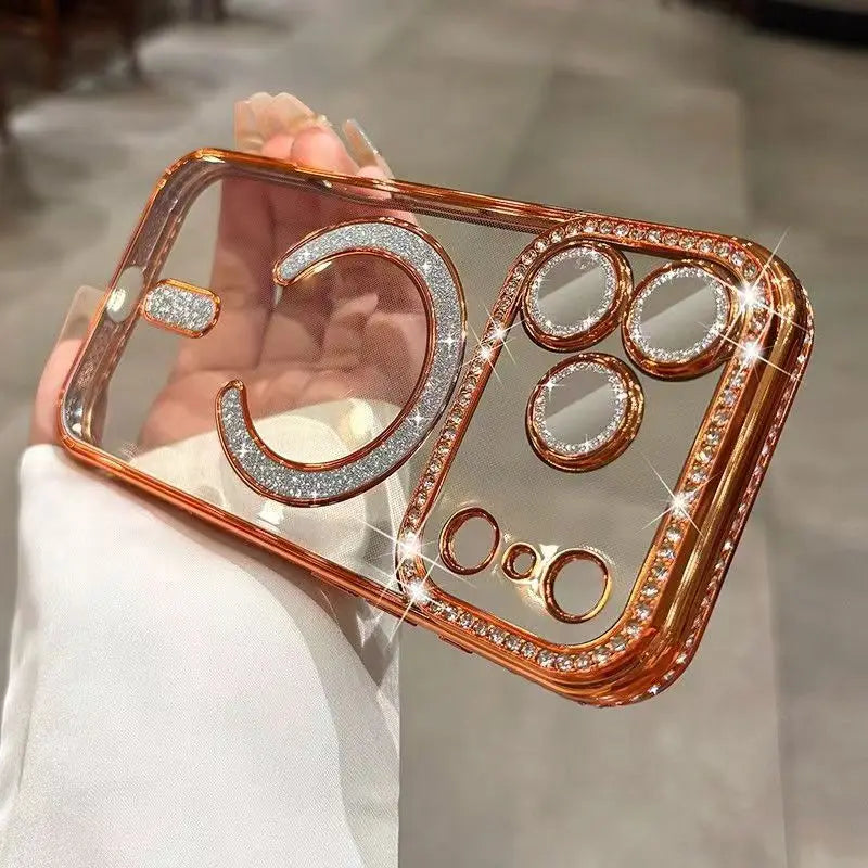 Plating Glitter Rhinestone Diamond Magnetic Phone Case For iPhone 17 Pro Max Air 17Pro For Magsafe Wireless Charging Clear Cover