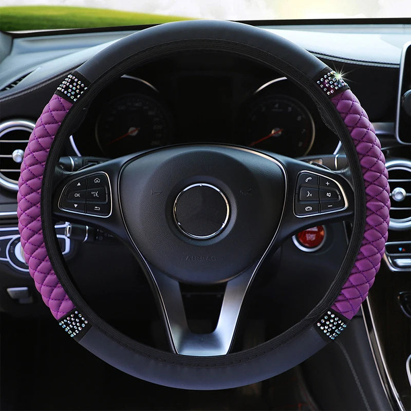Universal 37-38cm PU Leather Bling Car Steering Wheel Cover Rhinestone Elastic Steering-Wheel Covers Auto Interior Accessorie