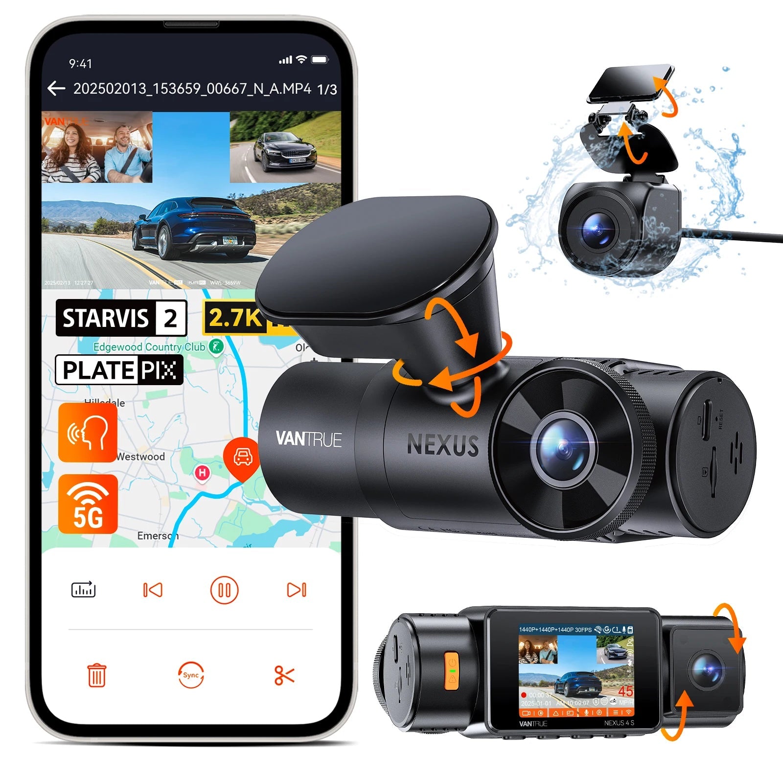 Vantrue N4S DashCam 3 Channel WiFi STARVIS 2 2.7K+1440P+1440 Waterproof Rear Camera HDR IR Night Vision GPS 24h Packing Mode Car Mobile World