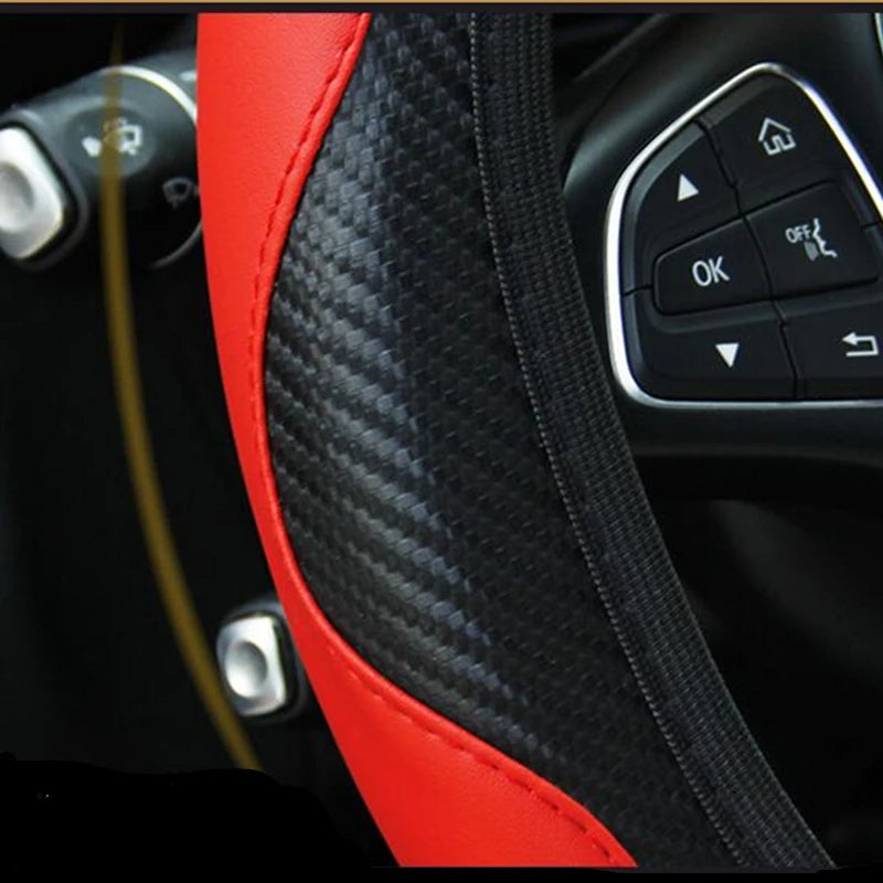 Car accessories Carbon Fiber PU Leather Steering Wheel Cover for Hyundai I10 Peugeot 2008 Dacia Sandero Stepway CM World