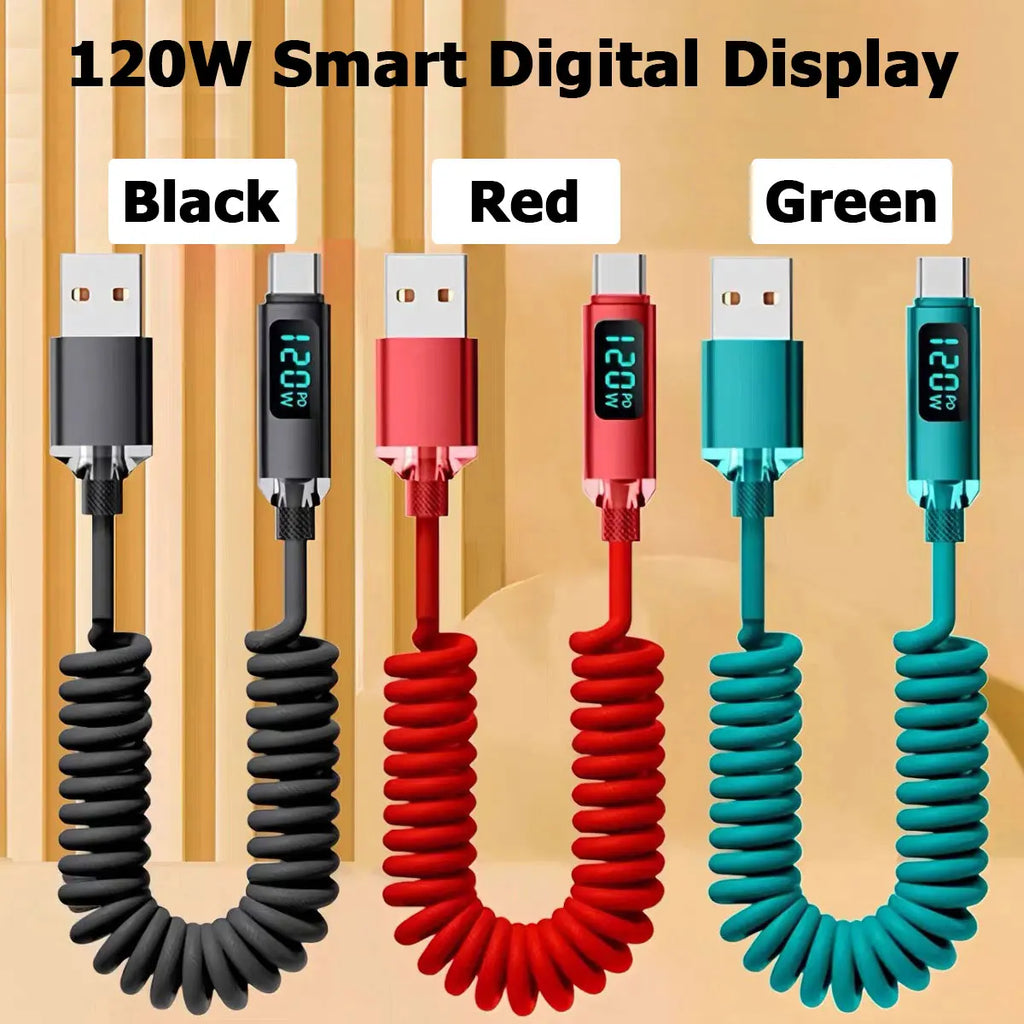 120W Car Retractable Cable Digital Display Spring USB A Type C To Type C Cable For Samsung iPhone 16 Fast Charging Charger Cable