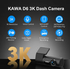 KAWA Dash cam Video Recorder D6 3K Car Camera, Car DVR Voice Control Dash AUTO Camera,Night Vision Dashcam 2025 New Car Mobile World