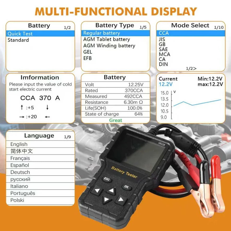 V611B 2026 Car Battery Health Checker Auto Electrician Tool for Assessing Vehicle Battery Condition