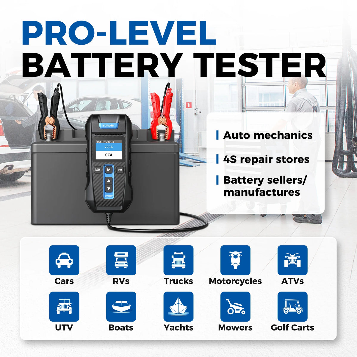 TOPDON BT300P 12V Car Battery Tester with Printer Battery Load Test for Motorcycle Auto Charging Cranking Battery Analyzer