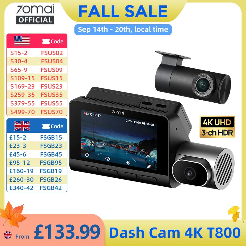 70mai T800 3-Channel HDR Car DVR Front 4K+Rear 4K/1080P+Interior 1080P Voice Control Super Capacitor GPS ADAS Support 4G Wifi 6