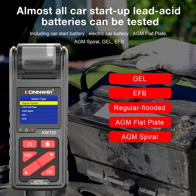 KONNWEI KW720 6V 12V 24V Battery Tester Analyzer Charging Cranking Test Tool for Car Motorcycle Truck with Integrated Printer