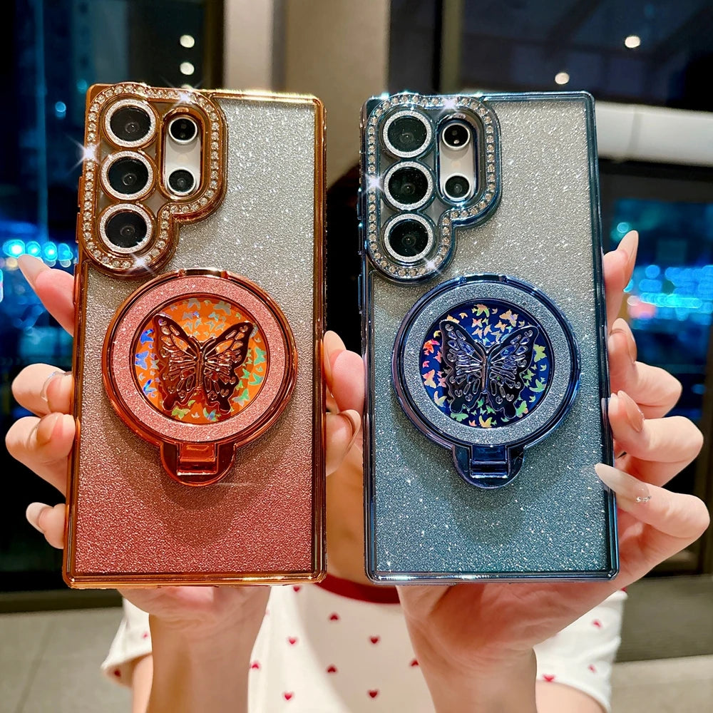 Glitter Butterfly Rotating Bracket Case for Samsung Galaxy S25 S26 Ultra S24 S23 Plus S22 FE A56 A55 A16 A54 Bling Diamond Cover