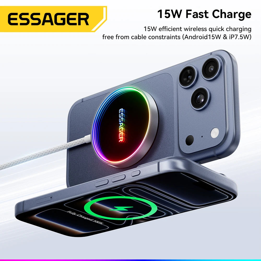 ESSAGER Magnetic Wireless Charger, RGB Fast Charging, Phone Charger for iPhone17 16, 15, 14, 13 Pro, Macsafe Phone Charging Dock