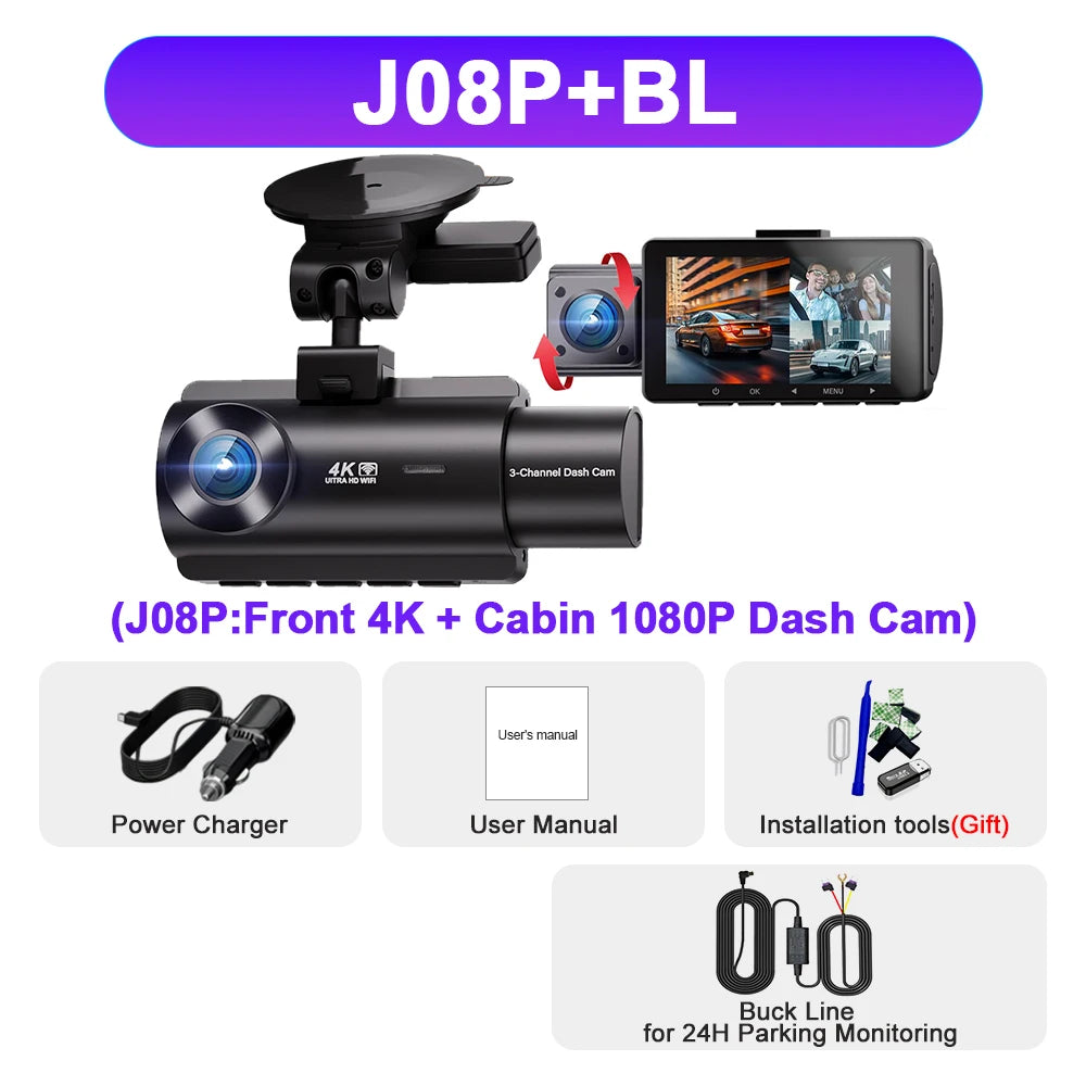 Kocam 3 Camera WIFI GPS 4K Dash Cam Car Dvr Interior Vehicle Three Way Channel Dvrs Recorder Video Registrator Dashcam Camcorder Car Mobile World
