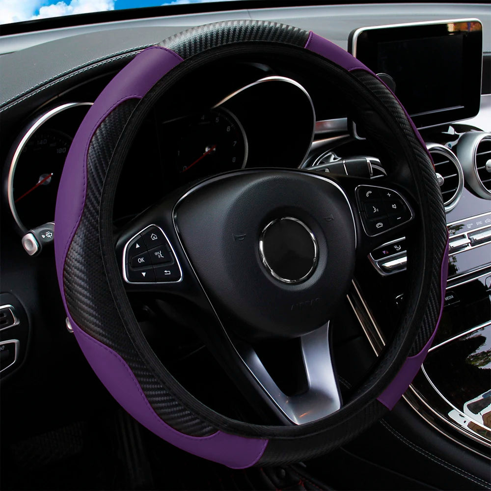 PU Carbon Fiber Leather Car Steering Wheel Cover without Inner Ring Suitable for 14.5-15 Inches of Automotive Supplies CM World