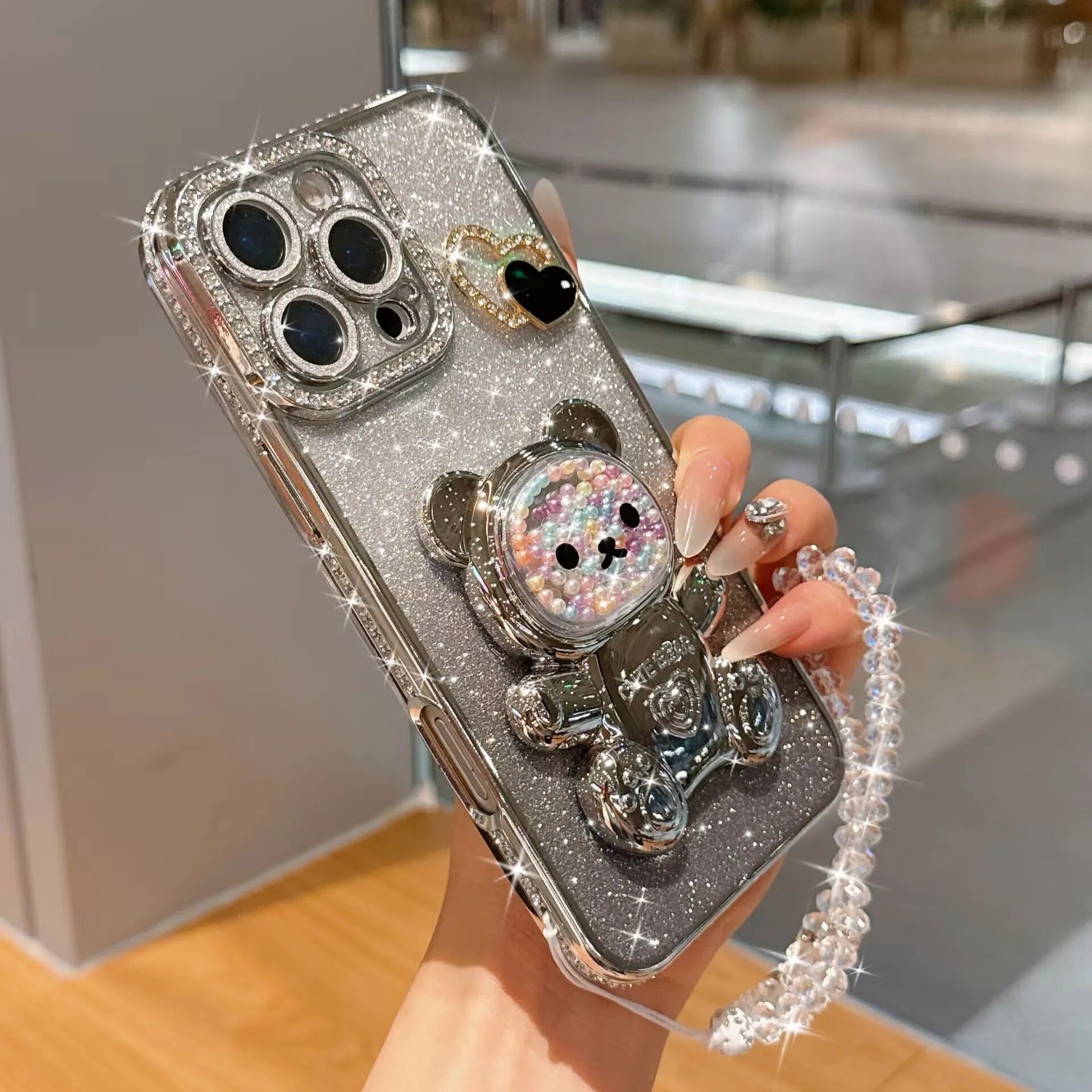 Colorful bead bear stand shiny cardstock electroplated soft case suitable for iPhone17 16 14 15 13 12 11 phone cases bead chain