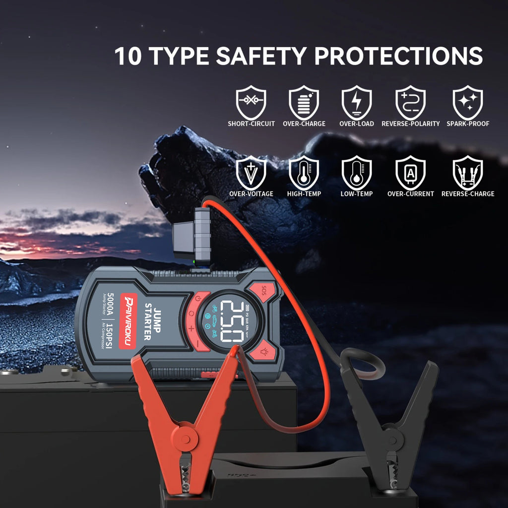 PAIVIROKU 5-in-1 Jump Starter with Air Pump 5000APeak Starter 150PSI Digital Tire Inflator Car Battery Jump Starter Power Bank