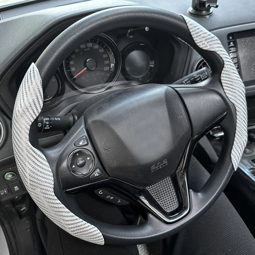Car Steering Wheel Cover Set, Glossy Carbon Fiber Texture, 2-Piece Breathable and Anti-Slip Grip, Universal Fit Interior Upgrade CM World