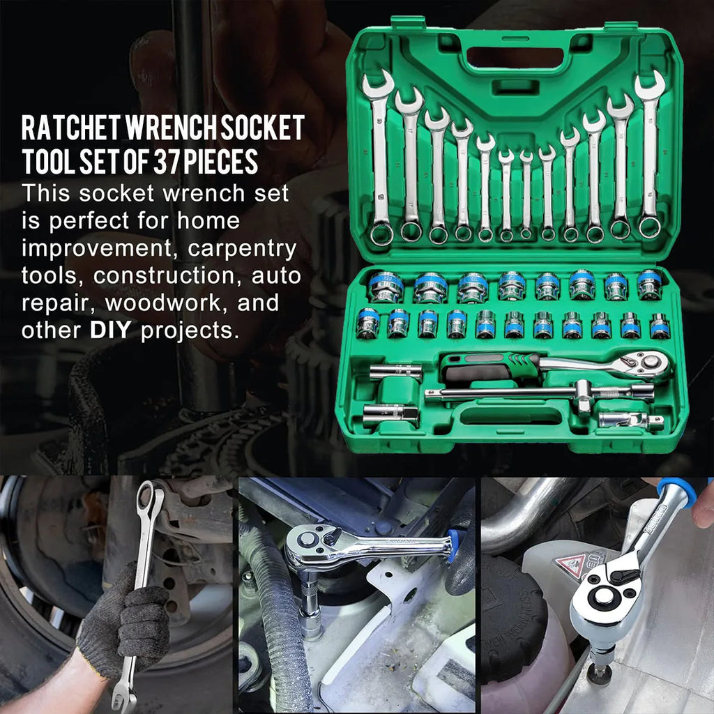 37 Piece Socket Wrench Ratchet Set Mechanical Tool Set Drill Bit Socket Suitable for Automotive Repair and Home Use CM World