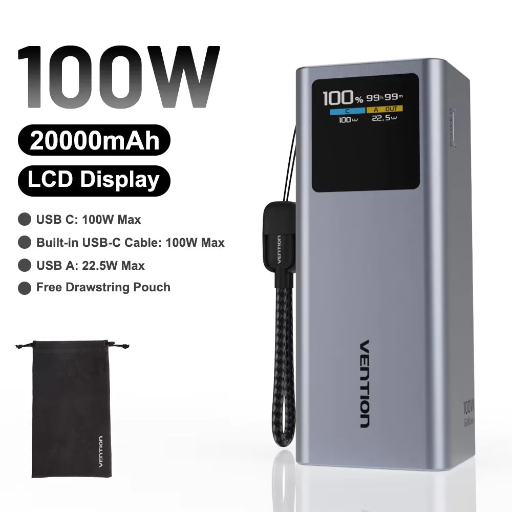 Vention 20000mAh 100W Fast Charging Detachable USB-C Cable Power Bank Smart TFT Screen, Compact Portable,for Xiaomi iPhone 16 15 Car Mobile World