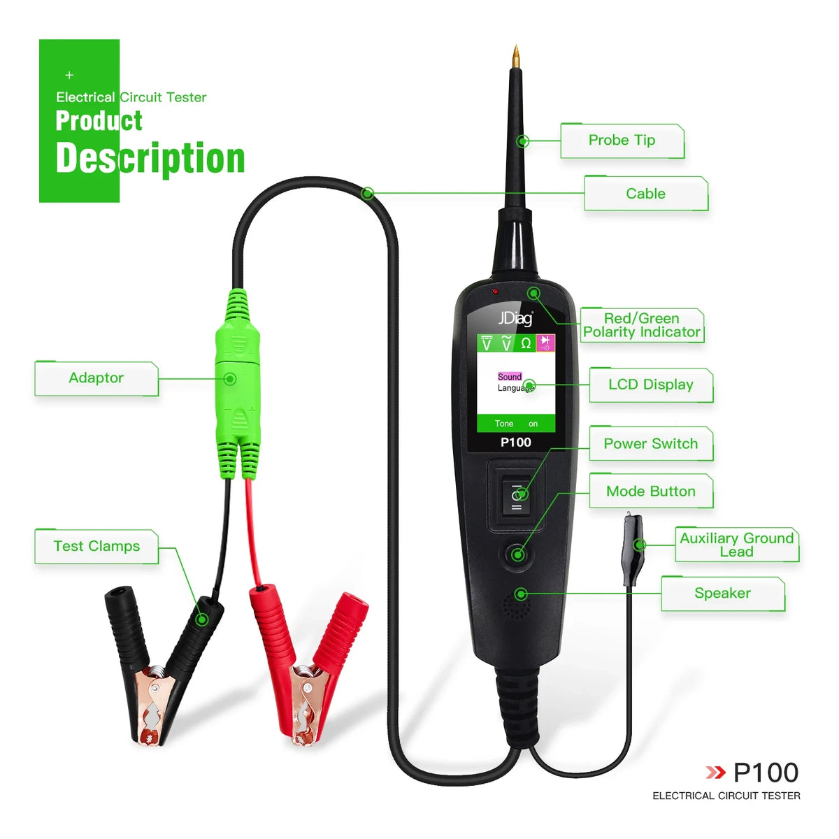 2026 JDiag P100 Automotive Circuit Tester Car Voltage Detector Electrical System Probe Kit AC DC 12V 24V Car Diagnostic Tool