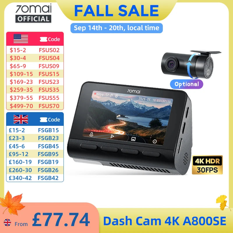 70mai 4K Dash Cam A800SE Upgraded Version of 70mai A800S Voice Control Supercapatior GPS ADAS Car DVR 70mai A800SE UHD Wifi 6