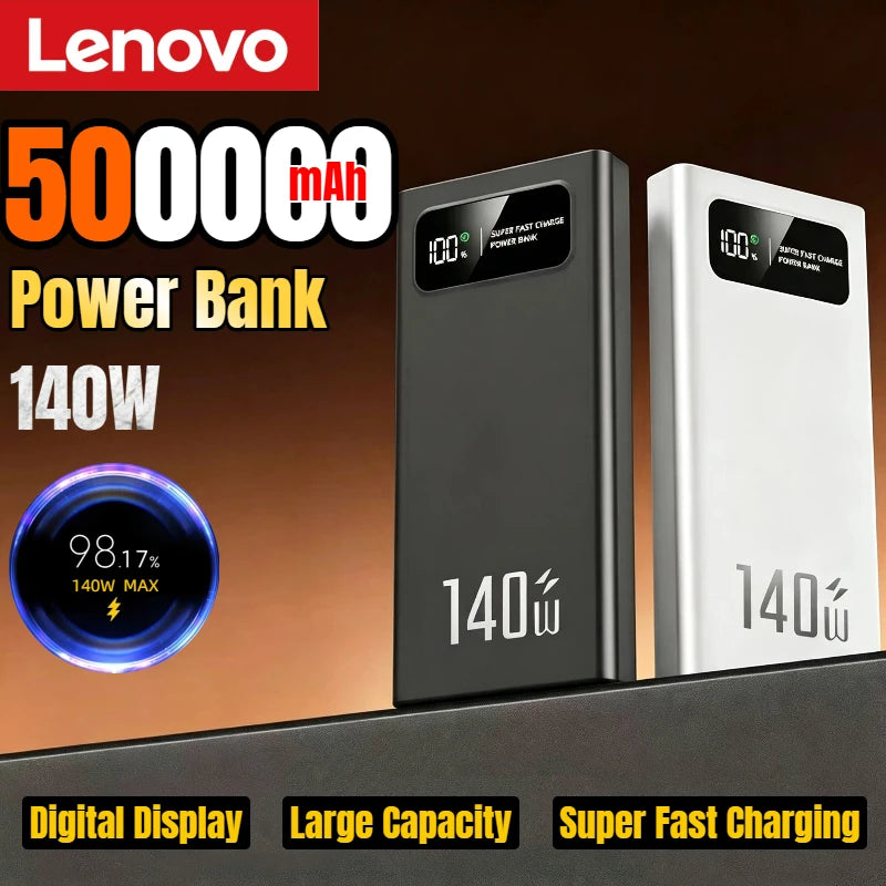 Lenovo 140W Power Bank Super Fast Charging Battery Pack High Capacity Digital Display 500000mAh Powerbank for iPhone Samsung