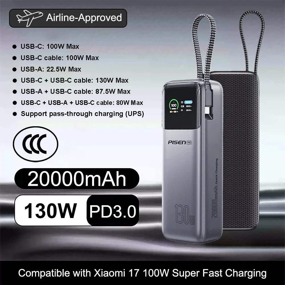 PISEN 130W Tablets Super Fast Charging Power Bank 20000mAh With Type C Cable External Battery for Laptop Notebook IPhone Macbook Car Mobile World