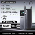 PISEN 130W Tablets Super Fast Charging Power Bank 20000mAh With Type C Cable External Battery for Laptop Notebook IPhone Macbook Car Mobile World