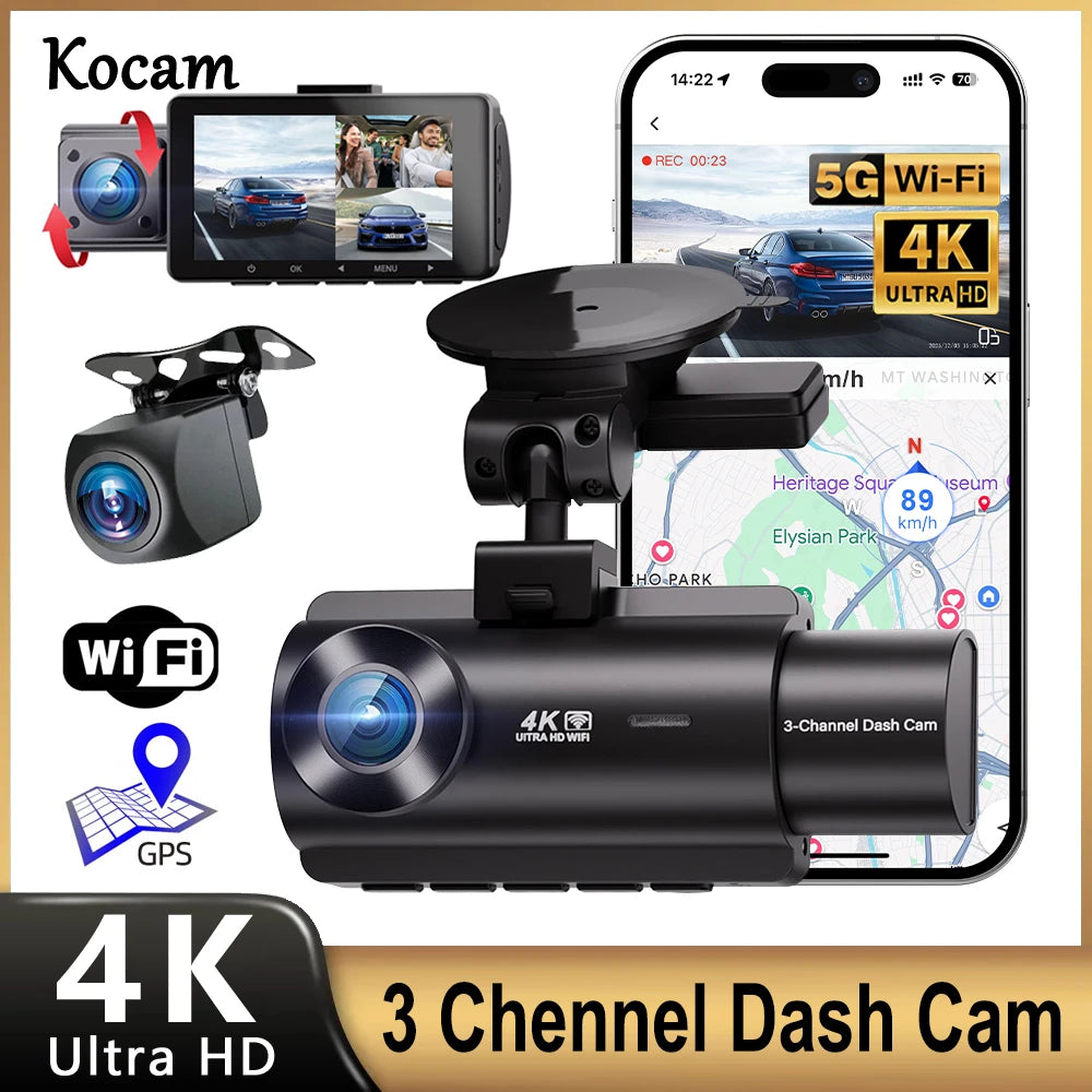 Kocam 3 Camera WIFI GPS 4K Dash Cam Car Dvr Interior Vehicle Three Way Channel Dvrs Recorder Video Registrator Dashcam Camcorder Car Mobile World