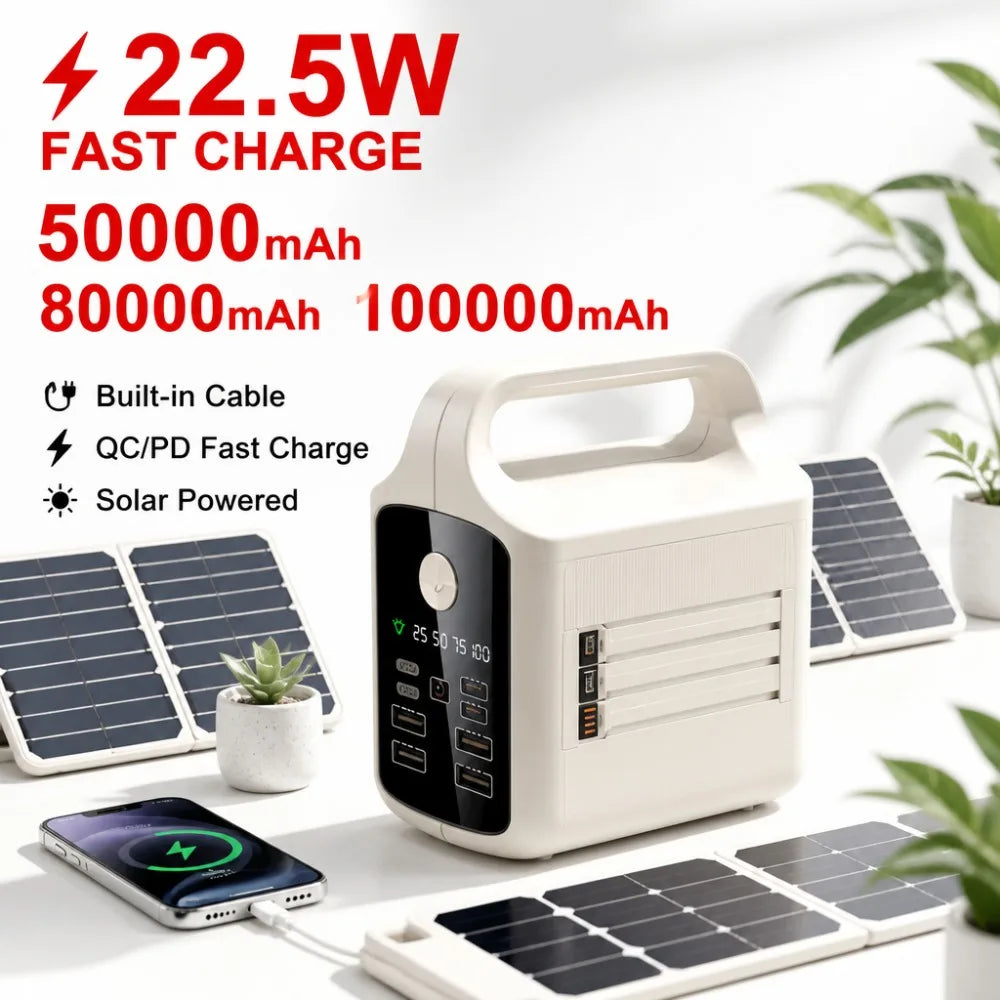 Built-in Cable 22.5W Fast Charging 80000mAh Solar Power Bank, High Capacity Portable Charger for Outdoor Camping & Emergency