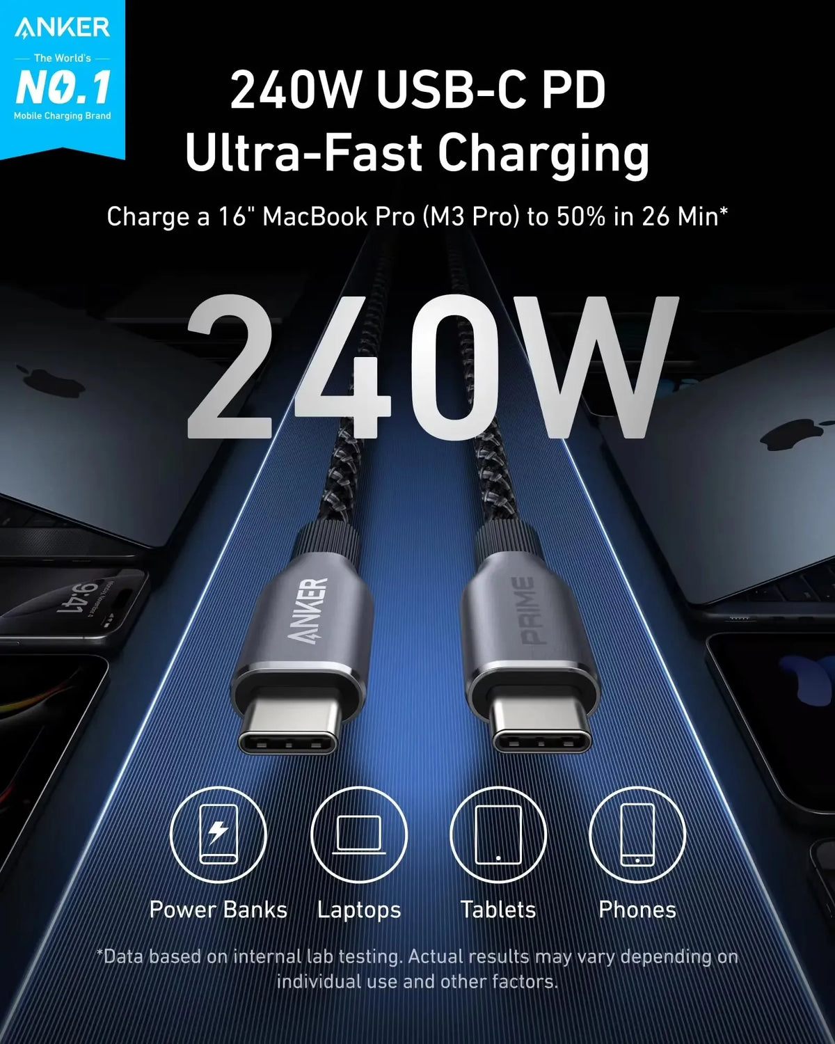 Anker Prime 240W 3ft USB C to USB C Cable Fast Charging Upcycled Braided Nylon with 100-Year Bend Durability PD fast charging