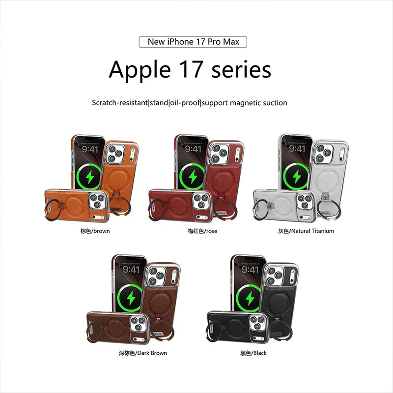 Magnetic Rotat Bracket Luxury Leather Phone Case For iPhone 11 12 13 14 15 16 17 Pro Max Plus Wireless Charging Shockproof Cover Car Mobile World