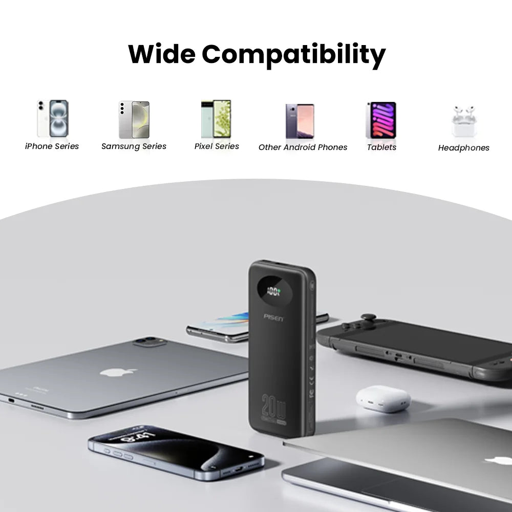 PISEN 3C Certified Power Bank 10000mAh & 20000mAh 20W Fast Charging Powerbank With 4 Built-in Cables For iPhone Samsung Xiaomi Car Mobile World