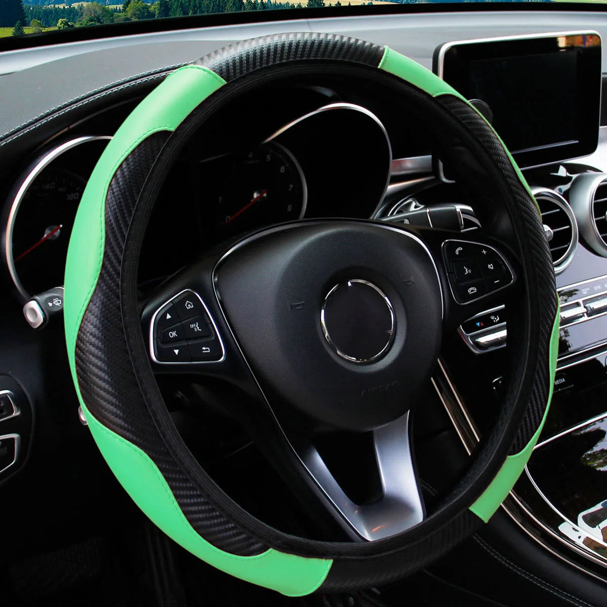 PU Carbon Fiber Leather Car Steering Wheel Cover without Inner Ring Suitable for 14.5-15 Inches of Automotive Supplies CM World