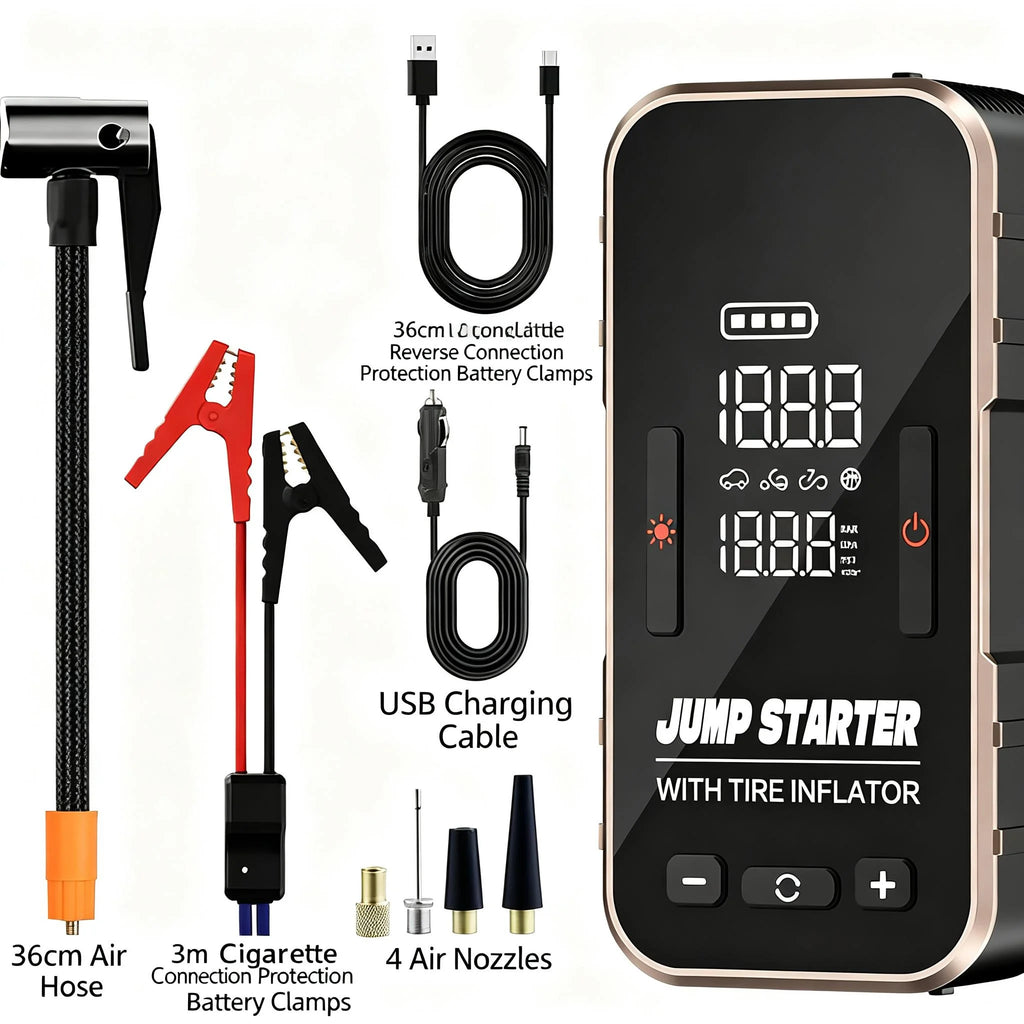 12V Car Jump Starter with Air Compressor - 2-in-1 Emergency Battery Booster, Tire Inflator & Portable Power Bank