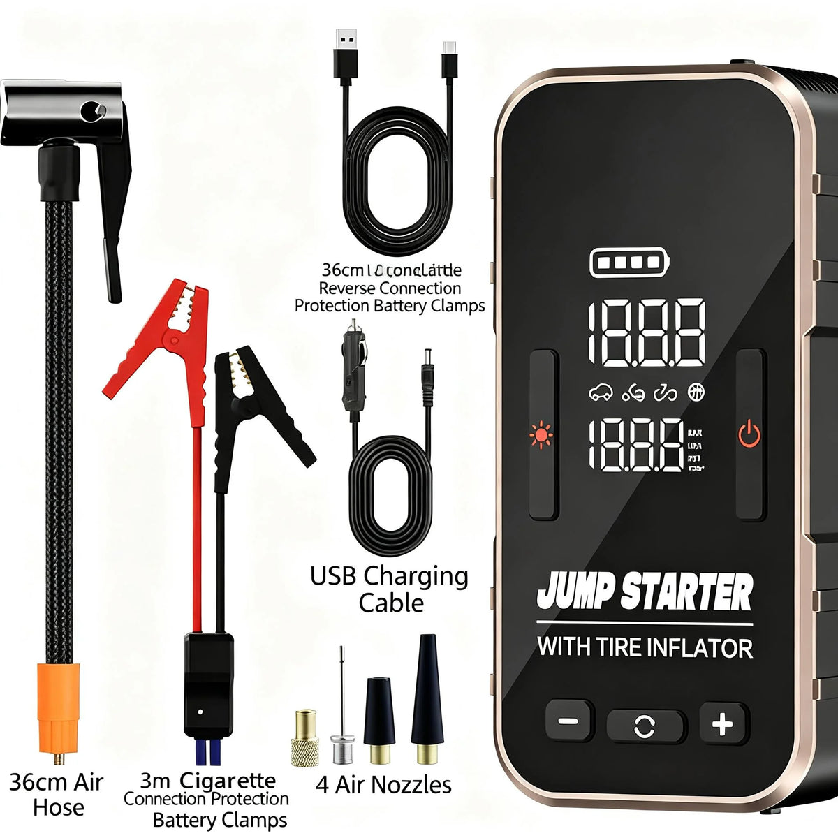12V Car Jump Starter with Air Compressor - 2-in-1 Emergency Battery Booster, Tire Inflator & Portable Power Bank