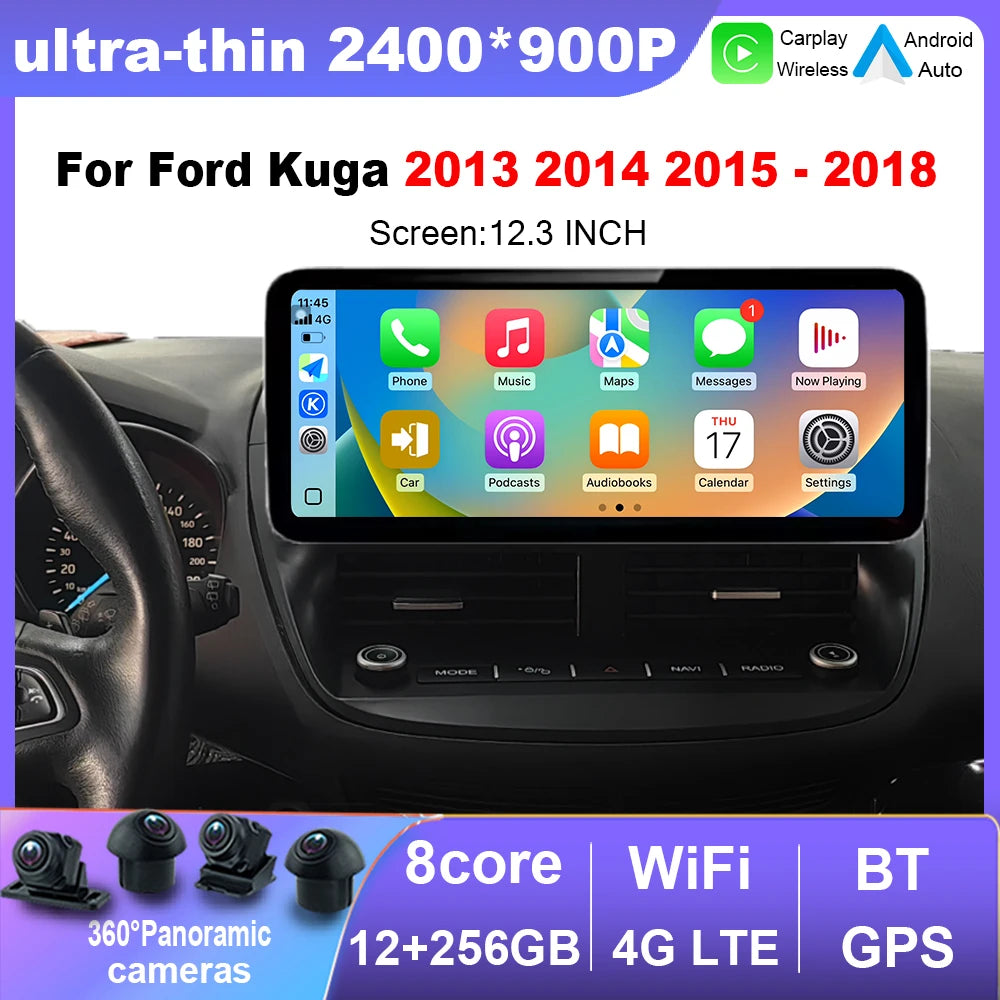 For Ford Kuga 2013 2014 2015 2016-2018 QLED Multimedia Video Player Navigation GPS 12.3Inch Screen Car Accessories 4G LTE Wifi CM World