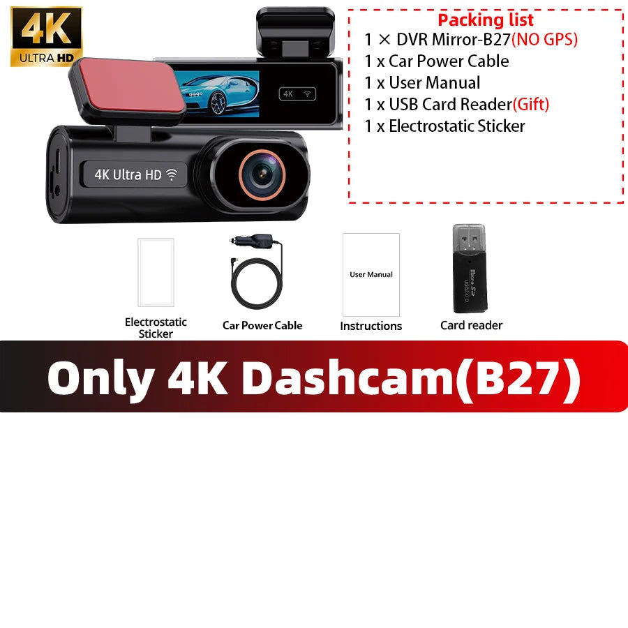 ACCEO Dash Cam WIFI GPS Mini CAR DVR Front 4K And Rear 1080P Dual Lens Black Box Room Camera Night Vision 24H Parking Monitor Car Mobile World