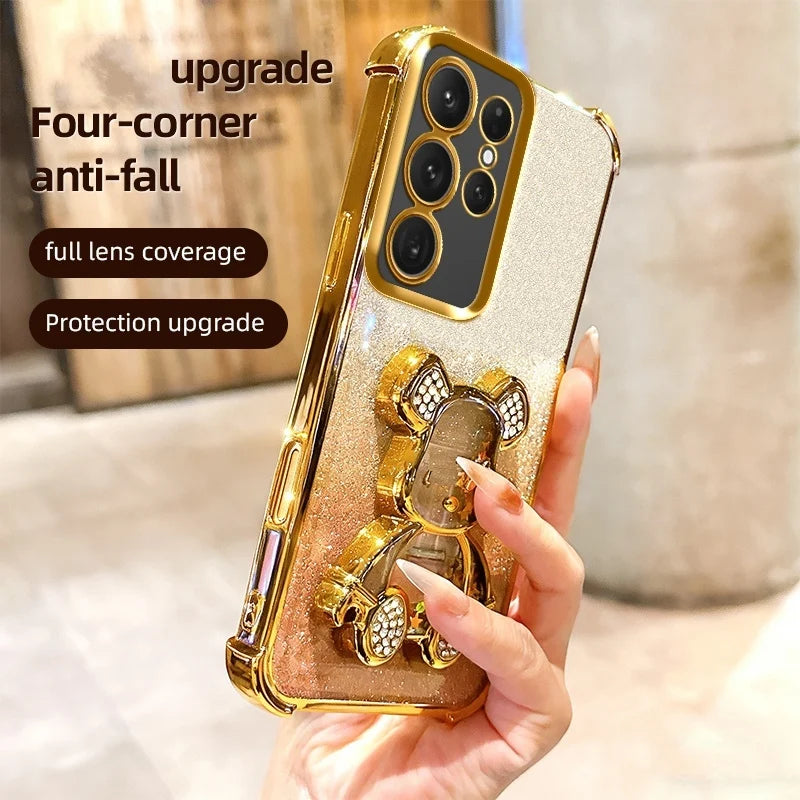 S26 Shockproof Holder Case for Samsung Galaxy S25 Ultra S22 S21 S24 FE S23 Plus Glitter Bear Bracket Stand Luxury Plating Cover