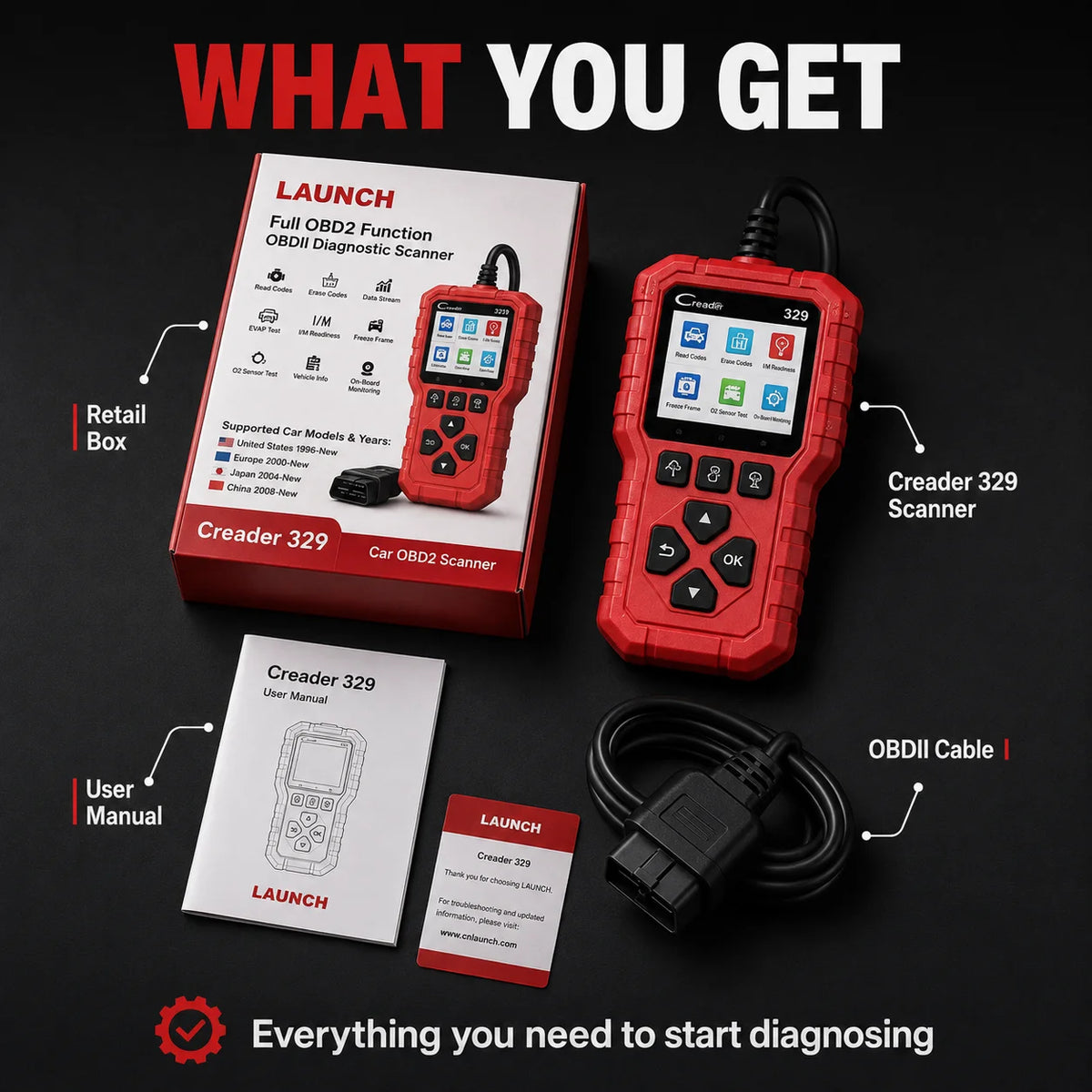 LAUNCH Creader 329 OBD2 Fault Scanner Auto Diagnostic Tool Check Engine Light Code Reader with Battery Test Live Data O2 Sensor EVAP for 1996+ OBDII Cars