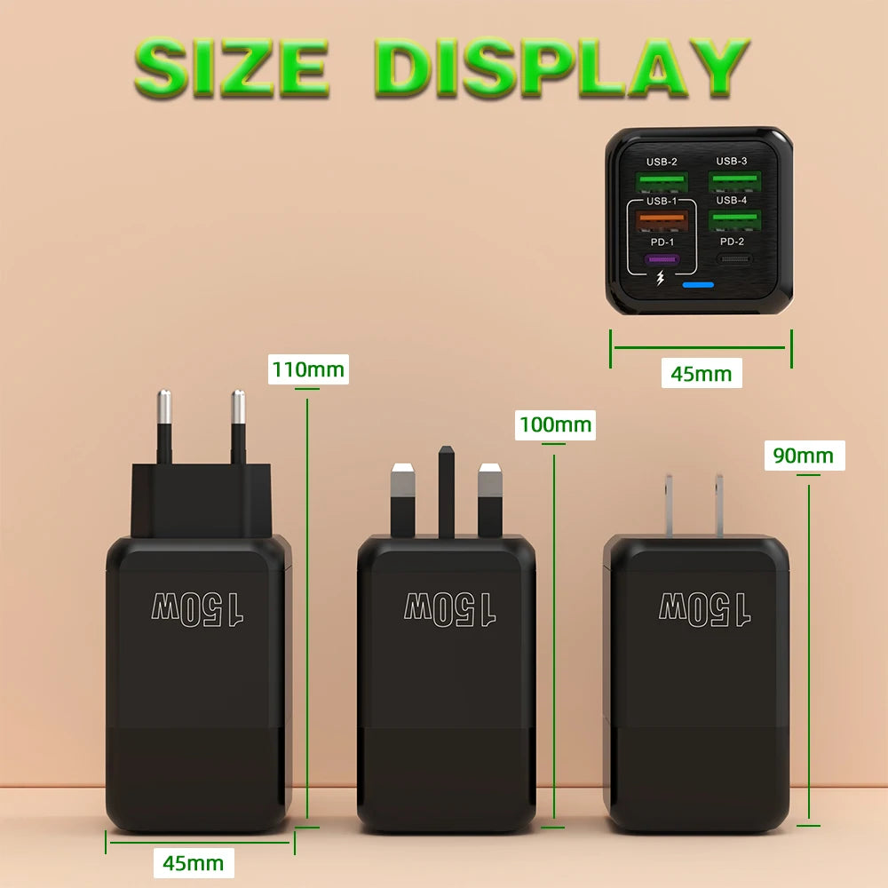 150W 6 Ports Pd QC 4.0 Usb C Fast Charger Wall Adapter Super Fast Charging For Iphone Samsung Ipad Xiaomi Huawei Oneplus Oppo Car Mobile World