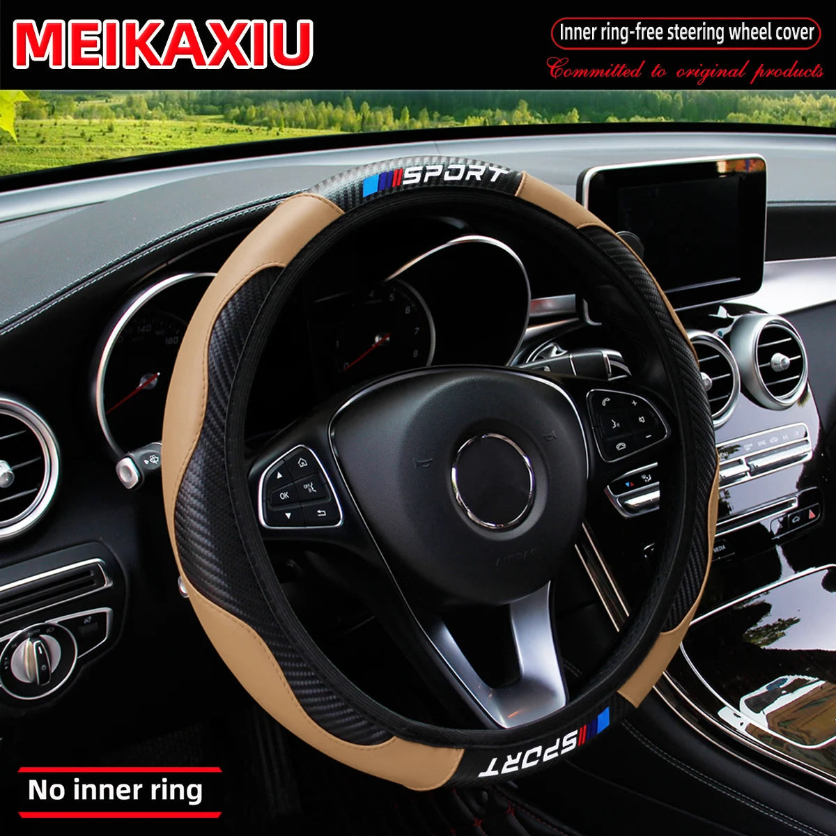 Carbon fiber leather SPORT car rimless steering wheel cover is suitable for 14.5 - 15-inch steering wheels as decoration items. CM World