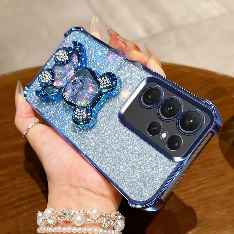 S26 Shockproof Holder Case for Samsung Galaxy S25 Ultra S22 S21 S24 FE S23 Plus Glitter Bear Bracket Stand Luxury Plating Cover